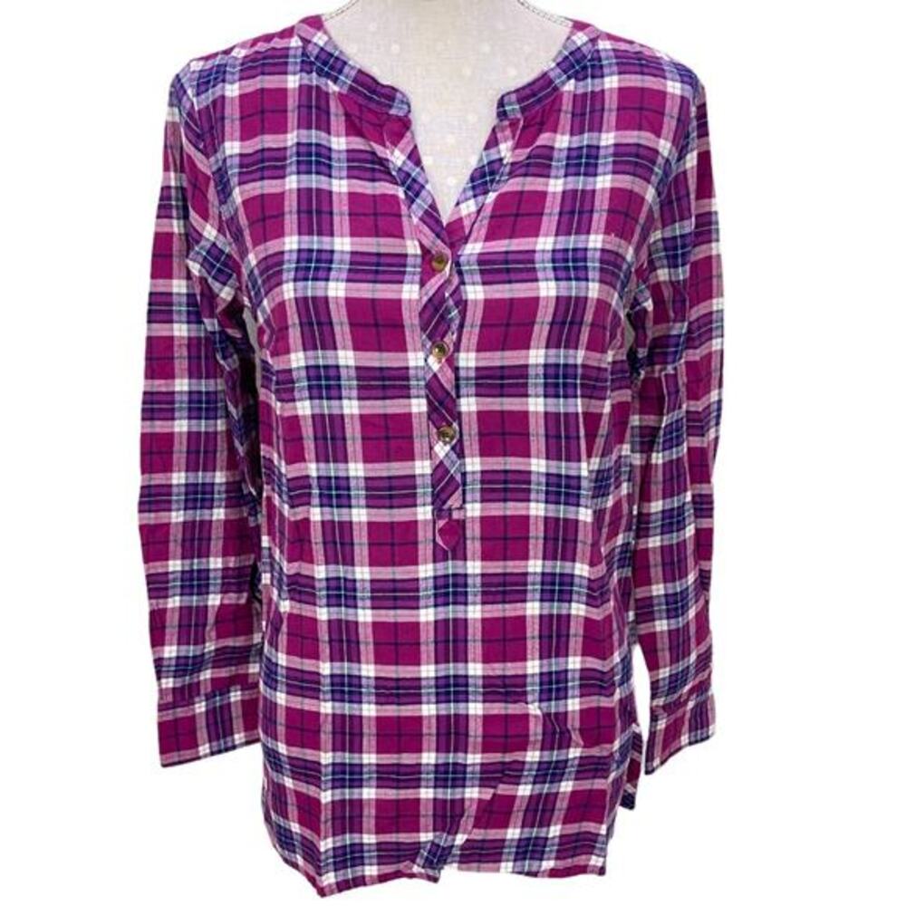 Lands End Flannel Shirt Size 4 Pink‎ Blue Plaid Popover Top Long Sleeve V Neck